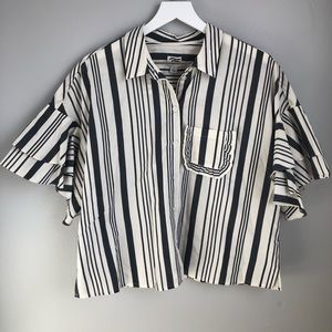 Striped Ruffle Sleeved Short Sleeve Top